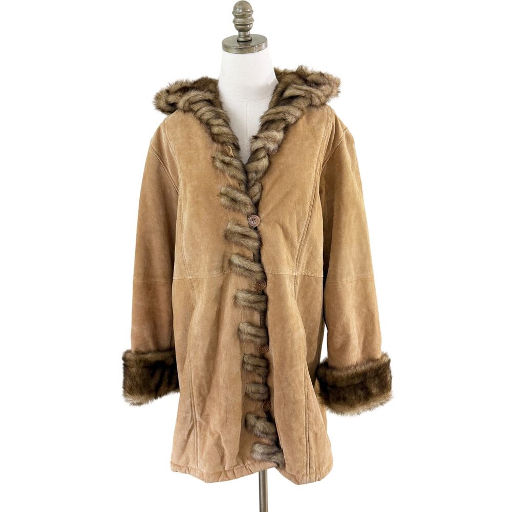 Vintage Y2K Dennis Basso	Tan	Suede & Faux Fur Hooded Coat Women's Size Large EUC